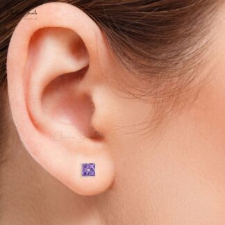 Four Stone Cluster Studs In Pure 14k White Gold Amethyst 3mm Gemstone Dainty Earrings