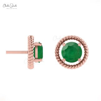 Genuine Emerald Spiral Stud Earrings 14k Solid Gold Solitaire Earrings