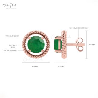 Genuine Emerald Spiral Stud Earrings 14k Solid Gold Solitaire Earrings