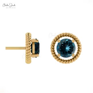 Single Round Cut Spiral Studs With 5mm London Blue Topaz 14k Solid Gold Solitaire Earrings