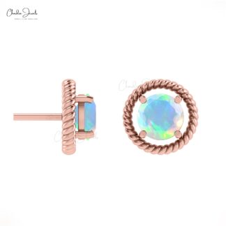 Solid 14k Gold Solitaire Studs With 5mm Opal Round Cut Push Back Minimal Earrings