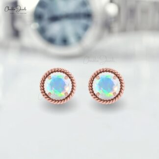 Solid 14k Gold Solitaire Studs With 5mm Opal Round Cut Push Back Minimal Earrings
