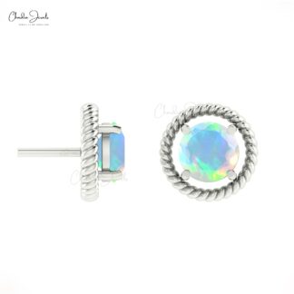 Solid 14k Gold Solitaire Studs With 5mm Opal Round Cut Push Back Minimal Earrings