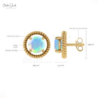 Solid 14k Gold Solitaire Studs With 5mm Opal Round Cut Push Back Minimal Earrings