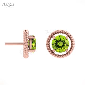 Round Peridot Spiral Earrings With 5mm Gemstone 14k Solid Gold Solitaire Minimal Studs