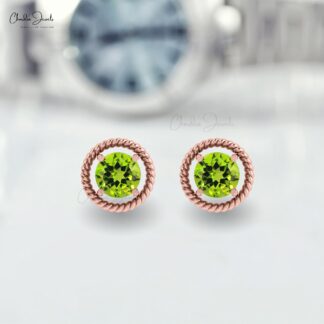 Round Peridot Spiral Earrings With 5mm Gemstone 14k Solid Gold Solitaire Minimal Studs