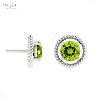 Round Peridot Spiral Earrings With 5mm Gemstone 14k Solid Gold Solitaire Minimal Studs