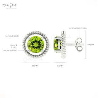 Round Peridot Spiral Earrings With 5mm Gemstone 14k Solid Gold Solitaire Minimal Studs