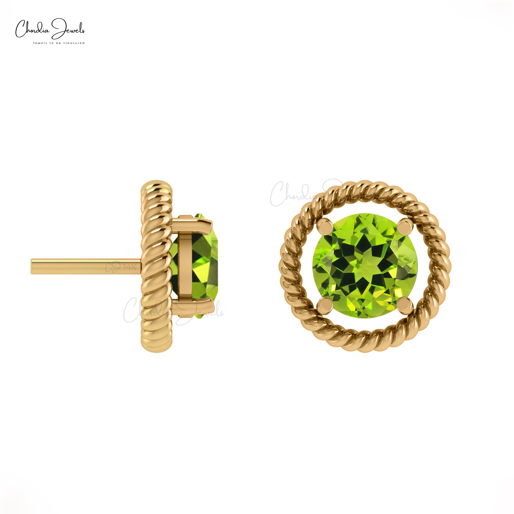 Round Peridot Spiral Earrings With 5mm Gemstone 14k Solid Gold Solitaire Minimal Studs
