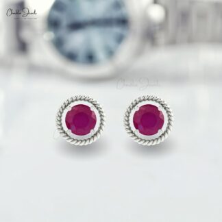 Real 14k Gold Spiral 5mm Ruby Gemstone Push Back Solitaire Earrings For Her