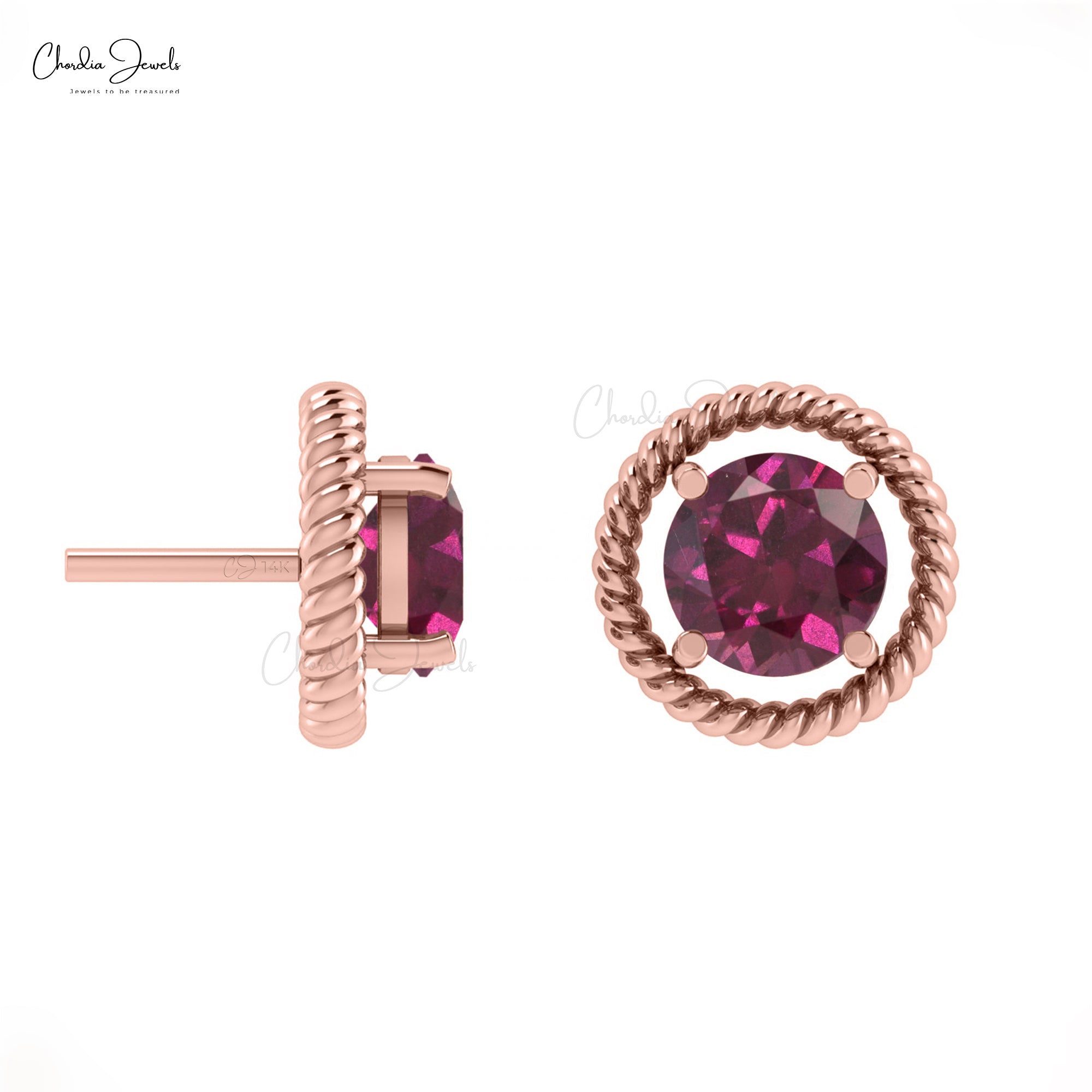 Solid 14k Gold Solitaire Studs With 5mm Rhodolite Garnet January Birthstone Spiral Earrings