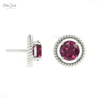 Solid 14k Gold Solitaire Studs With 5mm Rhodolite Garnet January Birthstone Spiral Earrings