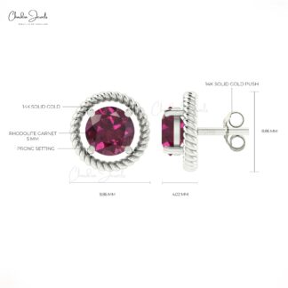 Solid 14k Gold Solitaire Studs With 5mm Rhodolite Garnet January Birthstone Spiral Earrings