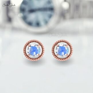 Real 14k Gold Spiral Stud Earrings With 5mm Rainbow Moonstone Solitaire Push Back Studs