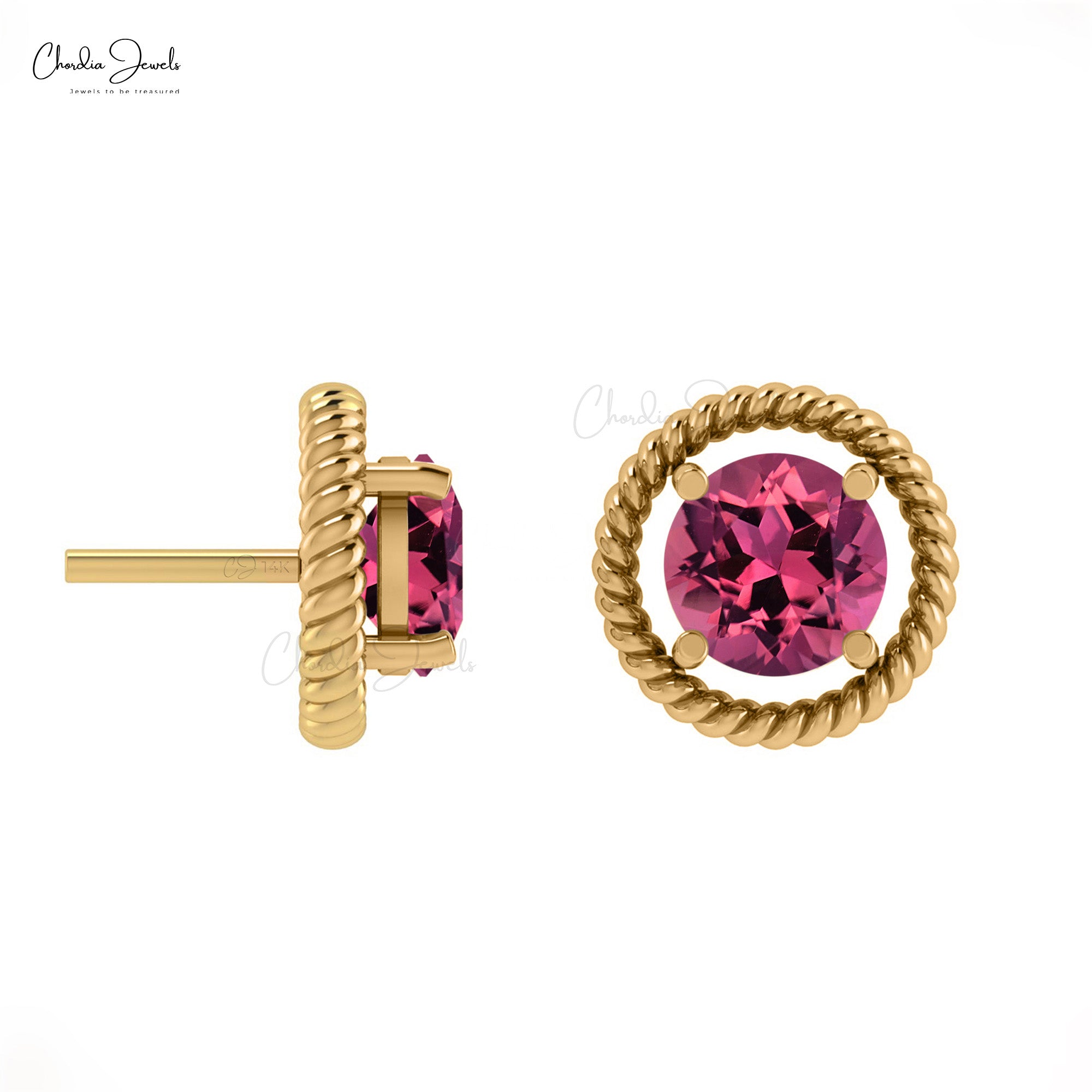 Brilliant Round Cut 5mm Natural Pink Tourmaline Spiral Studs Earring 14k Solid Gold Earrings For Birthday Gift