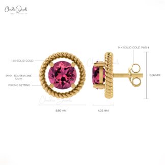 Brilliant Round Cut 5mm Natural Pink Tourmaline Spiral Studs Earring 14k Solid Gold Earrings For Birthday Gift