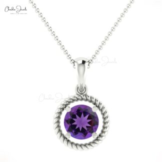 Solitaire Round Cut Pendant With 0.42 Ct Amethyst Prong Set In 14k White Gold Necklace