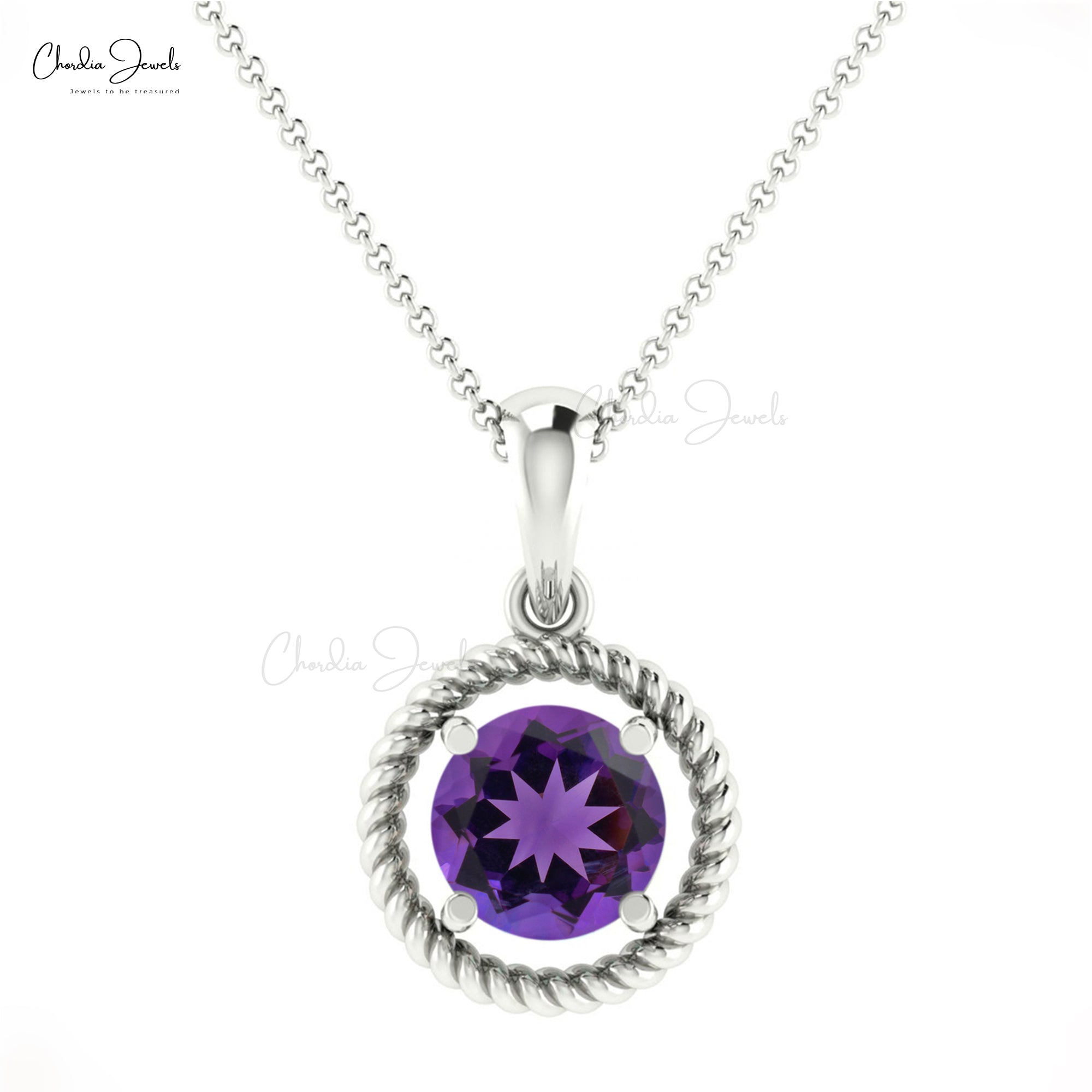 Solitaire Round Cut Pendant With 0.42 Ct Amethyst Prong Set In 14k White Gold Necklace