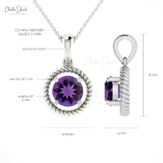 Solitaire Round Cut Pendant With 0.42 Ct Amethyst Prong Set In 14k White Gold Necklace
