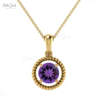 Brilliant 5mm Amethyst Gemstone Twisted Pendant 14k Real Gold Handmade Spiral Pendant