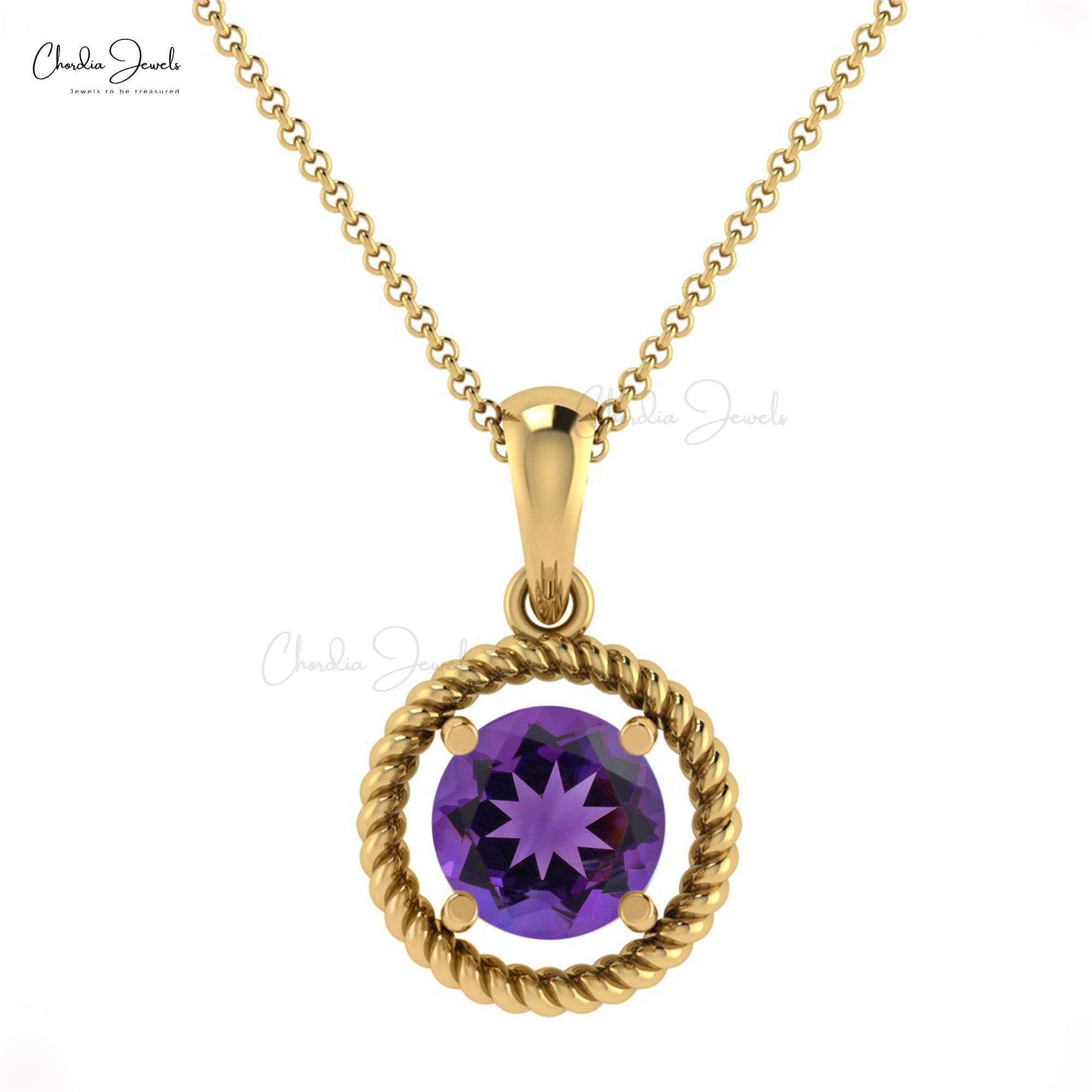 Brilliant 5mm Amethyst Gemstone Twisted Pendant 14k Real Gold Handmade Spiral Pendant