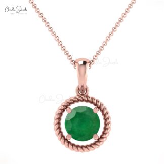 Solitaire Spiral Pendant With Genuine Emerald 14K Solid Gold Prong Set Pendant For Wife