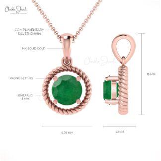 Solitaire Spiral Pendant With Genuine Emerald 14K Solid Gold Prong Set Pendant For Wife