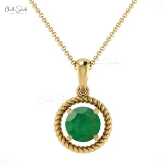 Solitaire Spiral Pendant With Genuine Emerald 14K Solid Gold Prong Set Pendant For Wife