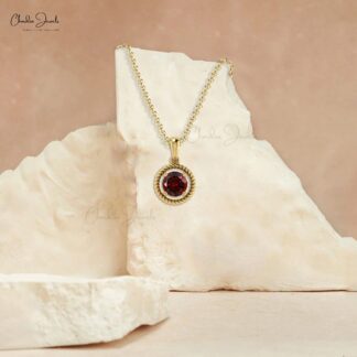 Round Dangle Charm With 5mm Red Garnet Gemstone 14k Solid Gold Solitaire Pendant