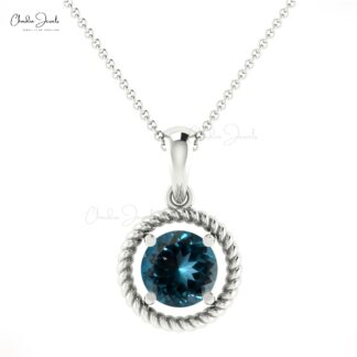Real 14k Gold Solitaire Charm With 5mm London Blue Topaz Spiral Pendant For Her