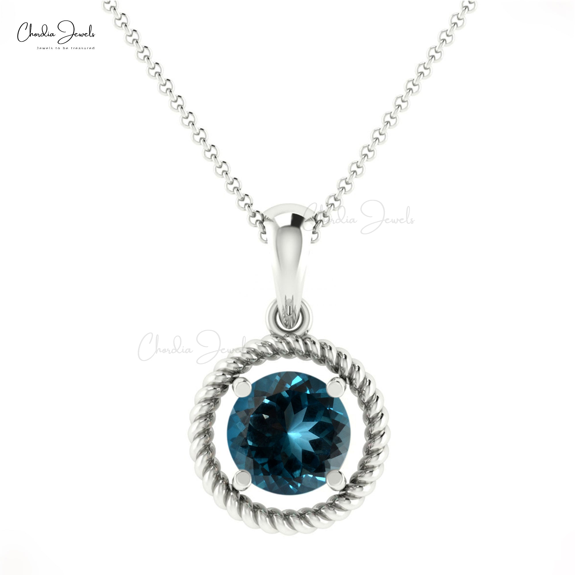 Real 14k Gold Solitaire Charm With 5mm London Blue Topaz Spiral Pendant For Her