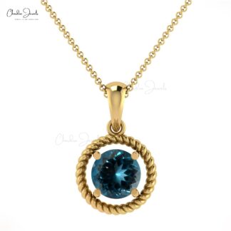 Real 14k Gold Solitaire Charm With 5mm London Blue Topaz Spiral Pendant For Her