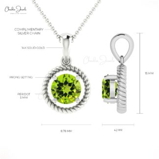 Gemstone Dangle Charm With 5mm Round Peridot 14k Real Gold Spiral Pendant