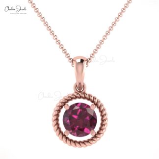 Solitaire Birthstone Pendant In Real 14k Gold Rhodolite Garnet Dangle Women Necklace