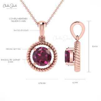 Solitaire Birthstone Pendant In Real 14k Gold Rhodolite Garnet Dangle Women Necklace