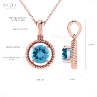 Genuine Swiss Blue Topaz Spiral Pendant 14K Hallmarked Gold Handcrafted Jewelry For Gift