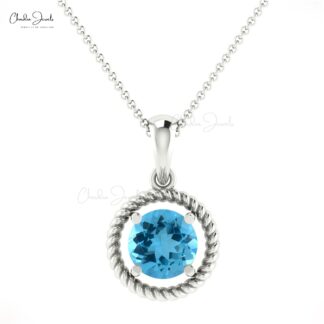 Genuine Swiss Blue Topaz Spiral Pendant 14K Hallmarked Gold Handcrafted Jewelry For Gift
