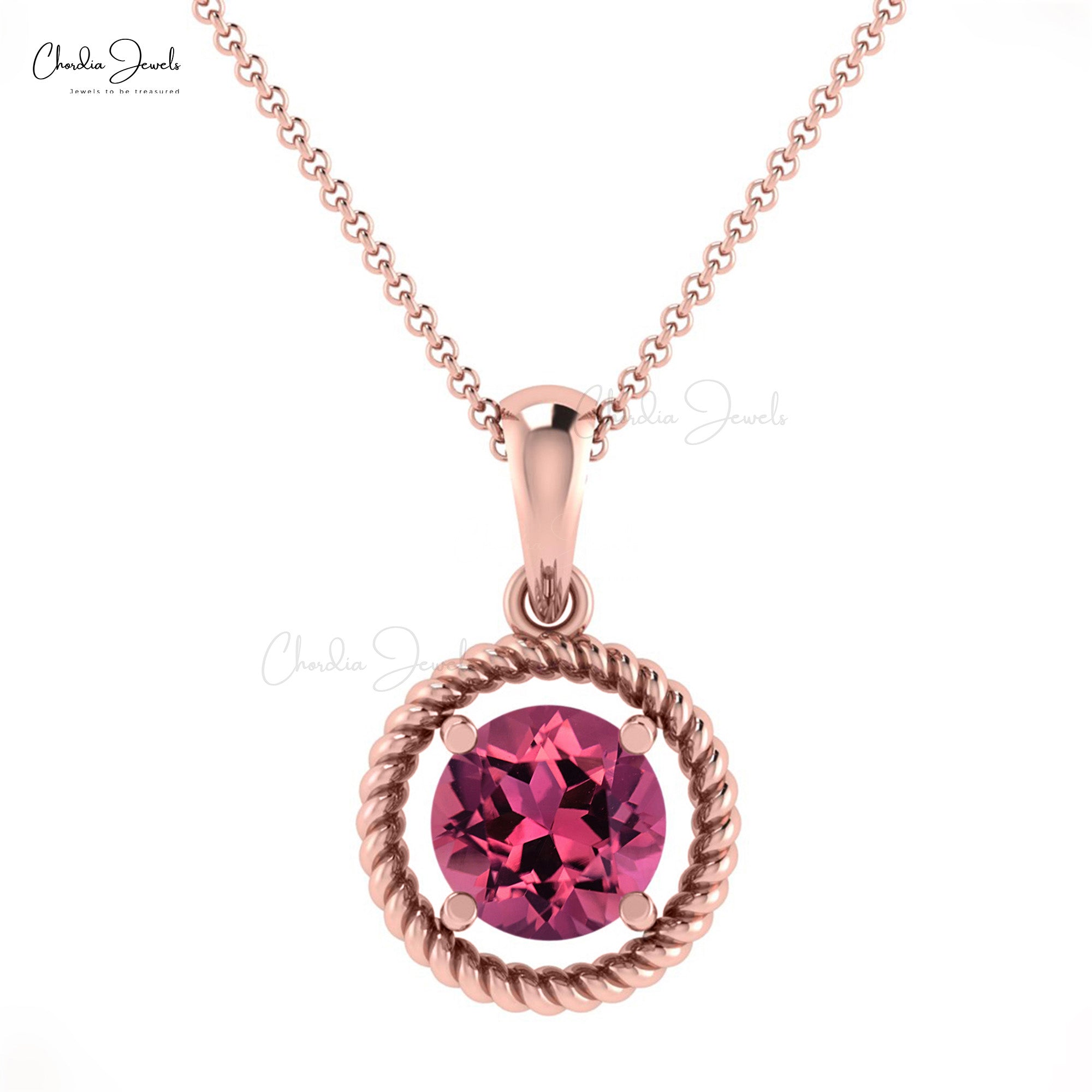 Natural Pink Tourmaline Gemstone Prong Set in 14k Solid Gold Spiral Pendant