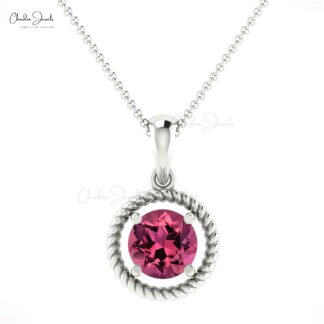 Natural Pink Tourmaline Gemstone Prong Set in 14k Solid Gold Spiral Pendant