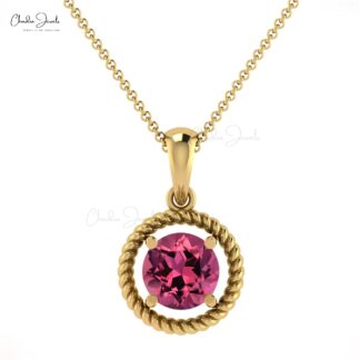 Natural Pink Tourmaline Gemstone Prong Set in 14k Solid Gold Spiral Pendant