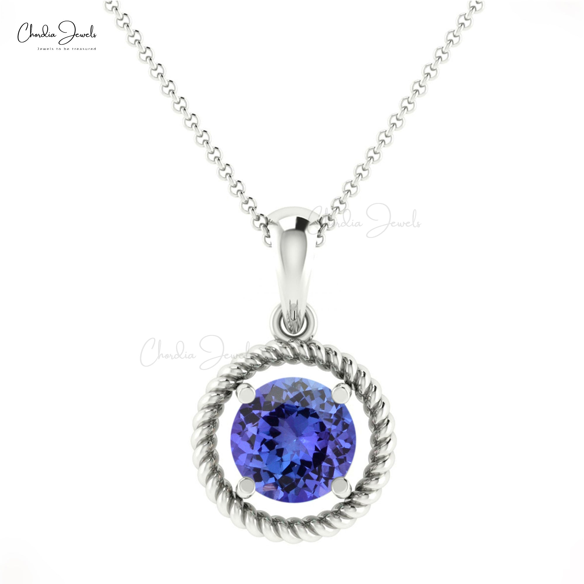 Single Gemstone Spiral Pendant In 14k Real White Gold Tanzanite 5mm Solitaire Necklace