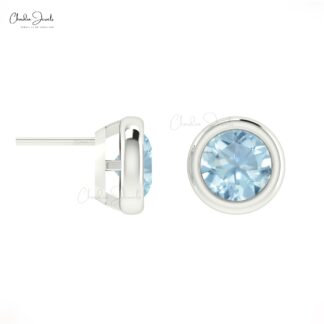Bezel Set Round Aquamarine Solitaire Earrings in 14k Real Gold