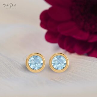 Bezel Set Round Aquamarine Solitaire Earrings in 14k Real Gold