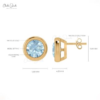 Bezel Set Round Aquamarine Solitaire Earrings in 14k Real Gold