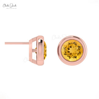 Single Stone Push Back Studs With 5mm Citrine Round Bezel Set Earrings In 14k Solid Gold