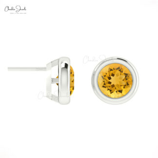 Single Stone Push Back Studs With 5mm Citrine Round Bezel Set Earrings In 14k Solid Gold