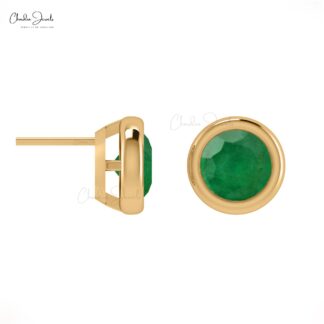 Authentic Emerald Stud Earrings 14k Solid Gold Light Weight Solitaire Earrings