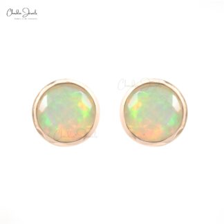 Authentic Opal Solitaire Studs 5mm Brilliant Round Cut Gemstone Tiny Earrings 14k Solid Rose Gold Bezel Set Studs For Women’s