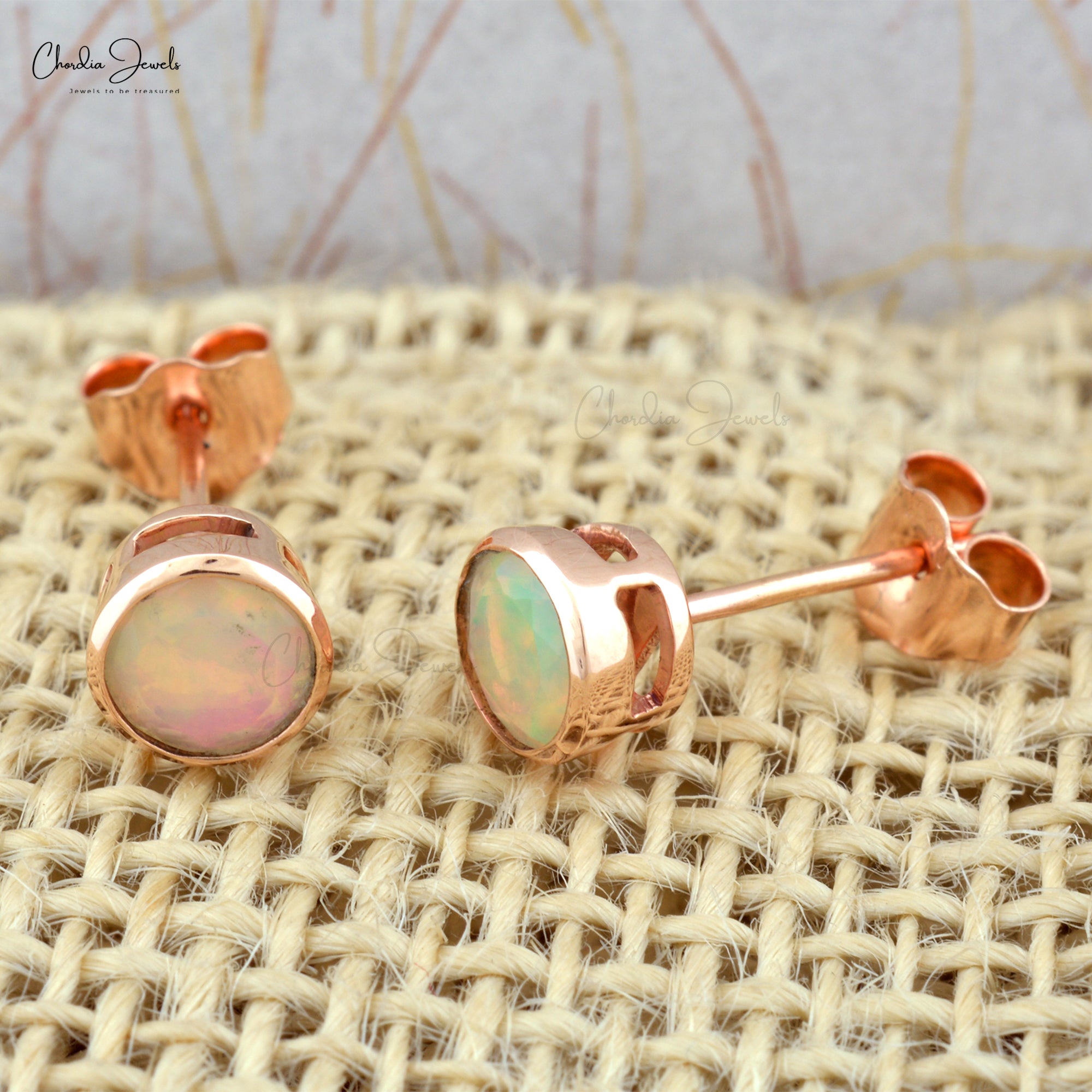 Authentic Opal Solitaire Studs 5mm Brilliant Round Cut Gemstone Tiny Earrings 14k Solid Rose Gold Bezel Set Studs For Women’s