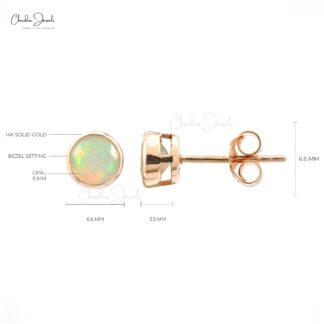Authentic Opal Solitaire Studs 5mm Brilliant Round Cut Gemstone Tiny Earrings 14k Solid Rose Gold Bezel Set Studs For Women’s